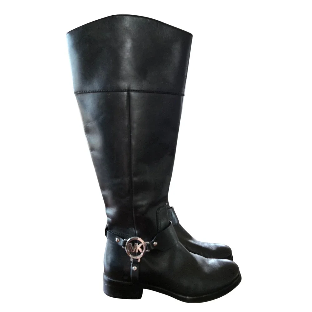 Michael Kors Black Leather Tall Riding Boots Silver MK Logo Medallion Womens 7M